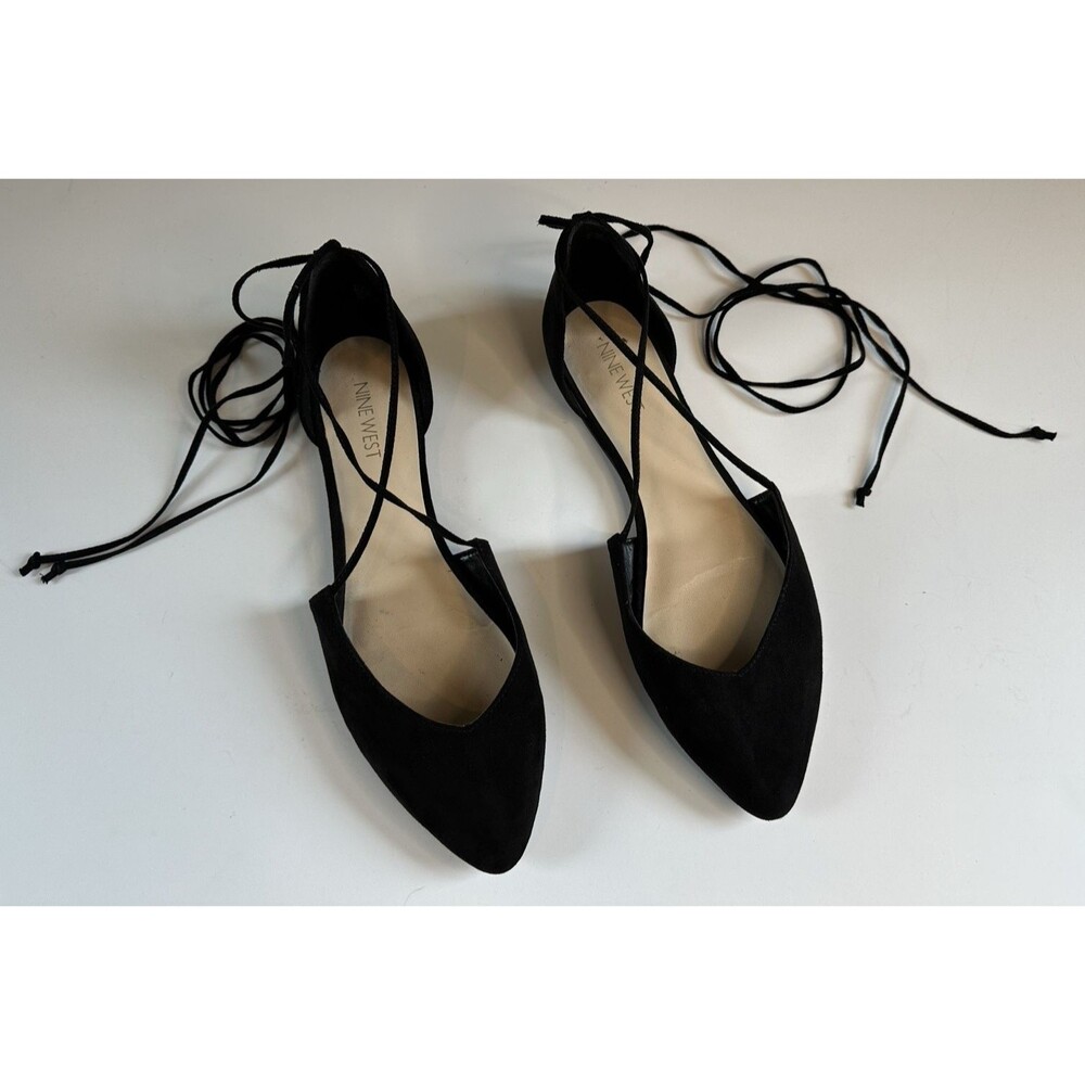 Nine West Stompino Black Lace Up Ballet Flats Wrap Around Size 8.5M